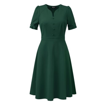 Allegra K Elegant Puff Sleeve V Neck A-Line Office Dress in Dark Green
