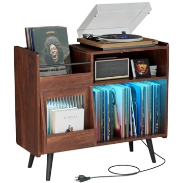 yacchi home Large Record Player Stand, 350 Vinyl Record Storage Holder, Record Player Table with Pow...