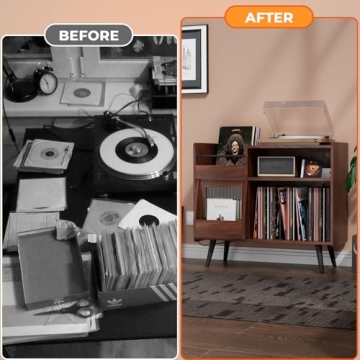 yacchi home Large Record Player Stand, 350 Vinyl Record Storage Holder, Record Player Table with Power Outlet and LED Light, Record Storage Turntable Stand Wood Cabinet for Living Room,Office