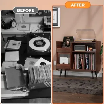 yacchi home Large Record Player Stand, 350 Vinyl Record Storage Holder, Record Player Table with Power Outlet and LED Light, Record Storage Turntable Stand Wood Cabinet for Living Room,Office