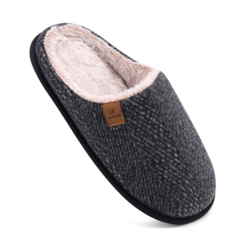 COFACE Mens Black Woolen Cozy Memory Foam scuff Slippers Slip On Warm House Shoes Indoor/Outdoor Wit...