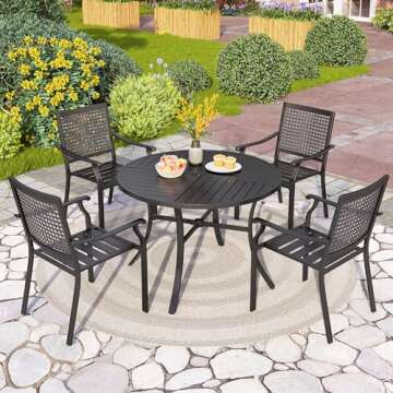 PHI VILLA 5 Pieces Outdoor Round Dining Set for 4, Steel Circle Table with Umbrella Hole & Stacking ...