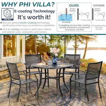 PHI VILLA 5 Pieces Outdoor Round Dining Set for 4, Steel Circle Table with Umbrella Hole & Stacking Wrought Iron Chairs, Morden Dining Furniture Set for Patio, Deck, Yard, Porch