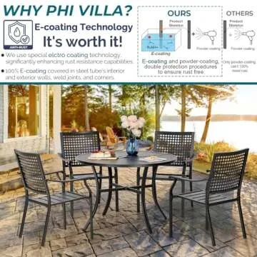 PHI VILLA 5 Pieces Outdoor Round Dining Set for 4, Steel Circle Table with Umbrella Hole & Stacking Wrought Iron Chairs, Morden Dining Furniture Set for Patio, Deck, Yard, Porch