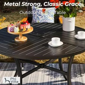 PHI VILLA 5 Pieces Outdoor Round Dining Set for 4, Steel Circle Table with Umbrella Hole & Stacking Wrought Iron Chairs, Morden Dining Furniture Set for Patio, Deck, Yard, Porch