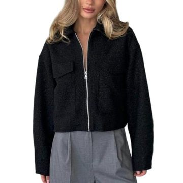Wyeysyt Women's Wool Coat Lapel Zip Up Cropped Bomber Jacket Outerwear with Pockets 2024 (Black-S)