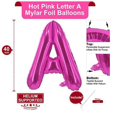 Lovoir 40 Inch Large Hot Pink Letter A Balloons Big Size Jumbo Mylar Foil Helium Balloon for Birthda...