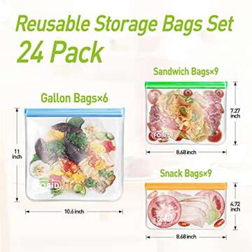 24 Pack Reusable Food Storage Bags - Non Plastic & Silicone Gallon Freezer Bags Sandwich Snack Resea...