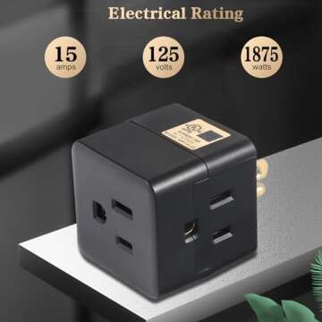 3 Outlet Wall Adapter UL Listed 3 Outlet Power Cube Tap, 3-Prong Outlet Splitter, Multi Plug Outlet Grounded Indoor, 3 Way Plug Adapter, Outlet Extender for Home or Travel (Black, 1 Pack)