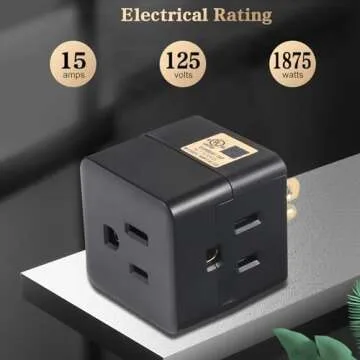 3 Outlet Wall Adapter UL Listed 3 Outlet Power Cube Tap, 3-Prong Outlet Splitter, Multi Plug Outlet Grounded Indoor, 3 Way Plug Adapter, Outlet Extender for Home or Travel (Black, 1 Pack)