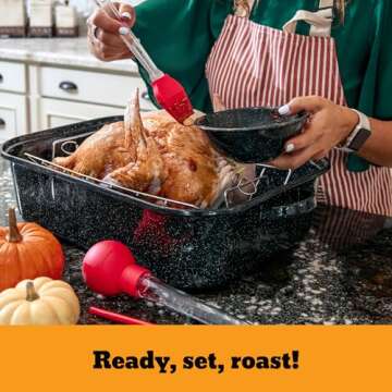 Granite Ware 25 lb Rectangular Roaster Set (10pcs), includes Lid, V-Rack, 2 pack brining bags, oven/grill-safe meat Thermometer, Turkey Baster with sylicon bulb, small brush