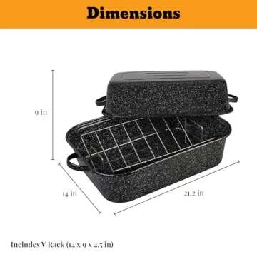 Granite Ware 25 lb Rectangular Roaster Set (10pcs), includes Lid, V-Rack, 2 pack brining bags, oven/grill-safe meat Thermometer, Turkey Baster with sylicon bulb, small brush