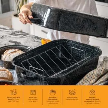 Granite Ware 25 lb Rectangular Roaster Set (10pcs), includes Lid, V-Rack, 2 pack brining bags, oven/grill-safe meat Thermometer, Turkey Baster with sylicon bulb, small brush