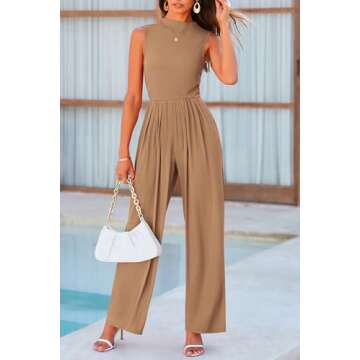 PRETTYGARDEN Womens Summer Jumpsuits Dressy Casual One Piece Outfits Sleeveless Mock Neck Wide Leg Pants Rompers with Pockets (Camel,Large)