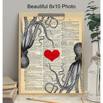 Kraken Octopus Dictionary Art - 8x10 Retro Shabby Chic Wall Decor for Home, Lake, Ocean, Beach House - Vintage Nautical Decoration, Romantic Sentimental Gift for Girlfriend, Wife - Upcycled Poster
