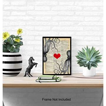 Kraken Octopus Dictionary Art - 8x10 Retro Shabby Chic Wall Decor for Home, Lake, Ocean, Beach House - Vintage Nautical Decoration, Romantic Sentimental Gift for Girlfriend, Wife - Upcycled Poster