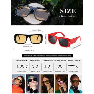 kimorn Sunglasses for Women Men Trendy Retro Fashion Sun Glasses 90’s Vintage Y2K Oversize Square Frame Shades K1337 (Black Yellow+Red Grey)