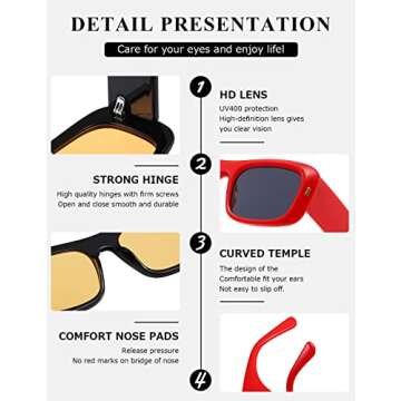 kimorn Sunglasses for Women Men Trendy Retro Fashion Sun Glasses 90’s Vintage Y2K Oversize Square Frame Shades K1337 (Black Yellow+Red Grey)