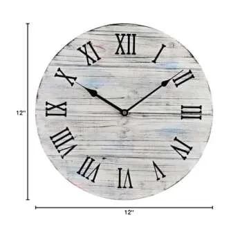12 inch Rustic Farmhouse Vintage Wooden Painted Wall Clock - Distressed White - Battery Operated