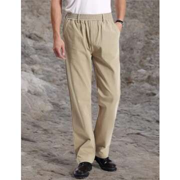 IDEALSANXUN Mens Pants Casual Relaxed Fit Pull On Elastic Waist Twill Cotton Chino Dress Khaki Pants Slacks Trousers, Khaki, 44x28