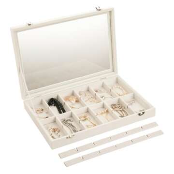 Frebeauty Velvet Jewelry Tray,24 Grid Jewelry Organizer with Clear Lid,Earring Holder Organizer with Clasp,Drawer Insert Rings Pendants Brooches,13.8 x 9.5 x 2 Inches,Gift for Women Girls(Beige)