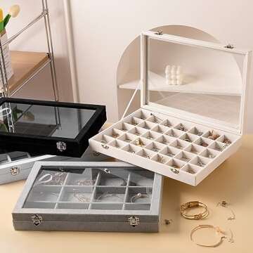 Frebeauty Velvet Jewelry Tray,24 Grid Jewelry Organizer with Clear Lid,Earring Holder Organizer with Clasp,Drawer Insert Rings Pendants Brooches,13.8 x 9.5 x 2 Inches,Gift for Women Girls(Beige)