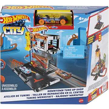 Hot Wheels City Toy Car Track Set Downtown Repair Station Playset with 1:64 Scale Vehicle, Working Lift & Launcher