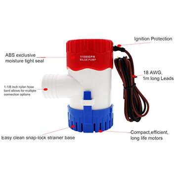 Submersible Boat Bilge Water Pump 12v 1100gph - Marine Electric Bilge Pump for Ponds, Pools, Spas & ...