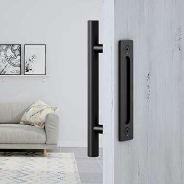 FaithLand 12" Heavy Duty Pull and Flush Door Handle Set in Black, Sliding Barn Door Handle - Fit Doors Up to 2 3/8''