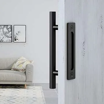FaithLand 12" Heavy Duty Pull and Flush Door Handle Set in Black, Sliding Barn Door Handle - Fit Doors Up to 2 3/8''