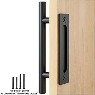 FaithLand 12" Heavy Duty Pull and Flush Door Handle Set in Black, Sliding Barn Door Handle - Fit Doors Up to 2 3/8''