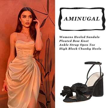 Womens Heeled Sandals Pleated Bow Knot Ankle Strap Open Toe High Block Chunky Heels Sandals Dress Bridal Wedding Shoes Pumps, A-black（3.14"）, 7 UK