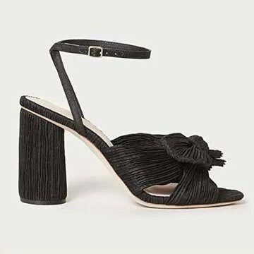 Womens Heeled Sandals Pleated Bow Knot Ankle Strap Open Toe High Block Chunky Heels Sandals Dress Bridal Wedding Shoes Pumps, A-black（3.14"）, 7 UK