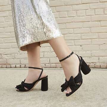 Womens Heeled Sandals Pleated Bow Knot Ankle Strap Open Toe High Block Chunky Heels Sandals Dress Bridal Wedding Shoes Pumps, A-black（3.14"）, 7 UK