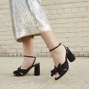 Womens Heeled Sandals Pleated Bow Knot Ankle Strap Open Toe High Block Chunky Heels Sandals Dress Bridal Wedding Shoes Pumps, A-black（3.14"）, 7 UK