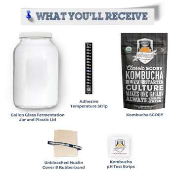 Kombucha Essentials Kit - Includes USDA Organic Kombucha SCOBY + 1-Gallon Glass Fermenting Jar with Breathable Cover + pH Strips + Rubber Band + Adhesive Thermometer - Brew kombucha at Home