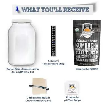 Kombucha Essentials Kit - Includes USDA Organic Kombucha SCOBY + 1-Gallon Glass Fermenting Jar with Breathable Cover + pH Strips + Rubber Band + Adhesive Thermometer - Brew kombucha at Home
