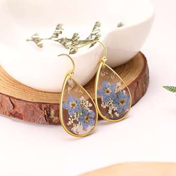 Forget-Me-Not and Queen Anne's Lace Pressed Wildflower Earrings | Beautiful Floral Drop Dangle Earri...