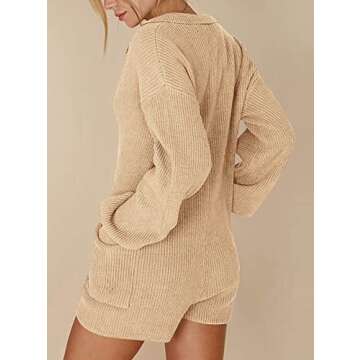 Tymidy Women's Rompers Long Sleeve Deep V Neck Shorts Knit One Piece Sweater Short Jumpsuit One Piece Outfits with Pockets