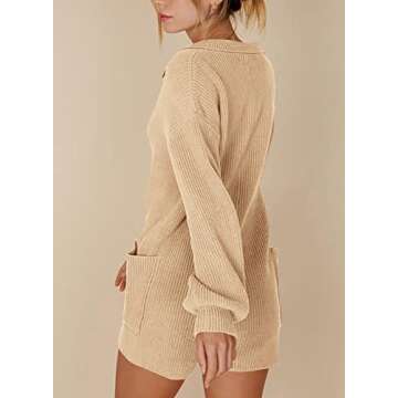 Tymidy Women's Rompers Long Sleeve Deep V Neck Shorts Knit One Piece Sweater Short Jumpsuit One Piece Outfits with Pockets