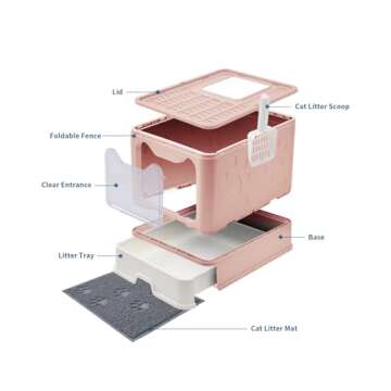 Medario Cat Litter Box with Litter Mat and Scoop, Large Foldable Litter Box with Lid, Front Entry Top Exit Kitty Litter Box, Odor Control Easy Clean (Pink)