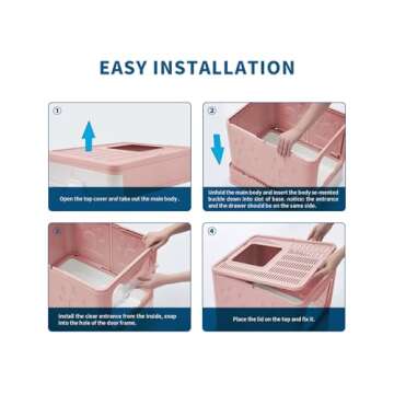 Medario Cat Litter Box with Litter Mat and Scoop, Large Foldable Litter Box with Lid, Front Entry Top Exit Kitty Litter Box, Odor Control Easy Clean (Pink)