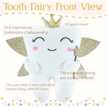 Tooth Fairy,Tooth Fairy Pillow with Shiny Wings,Tooth Fairy Pillow for Boys,Tooth Pillow,Tooth Fairy Gift,Tooth Decor,Tooth Fairy Doll,Tooth Fairy Bag Keepsake (Gold wings)