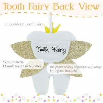 Tooth Fairy,Tooth Fairy Pillow with Shiny Wings,Tooth Fairy Pillow for Boys,Tooth Pillow,Tooth Fairy Gift,Tooth Decor,Tooth Fairy Doll,Tooth Fairy Bag Keepsake (Gold wings)