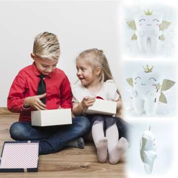 Tooth Fairy,Tooth Fairy Pillow with Shiny Wings,Tooth Fairy Pillow for Boys,Tooth Pillow,Tooth Fairy Gift,Tooth Decor,Tooth Fairy Doll,Tooth Fairy Bag Keepsake (Gold wings)