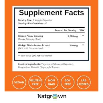 Natgrown Panax Ginseng & Ginkgo Biloba Supplement - Red Korean Ginseng & Ginko Biloba Capsules for Men & Women - Supports Memory Focus & Brain Function - Vegan Pills - 120 Count