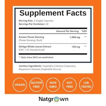 Natgrown Panax Ginseng & Ginkgo Biloba Supplement - Red Korean Ginseng & Ginko Biloba Capsules for Men & Women - Supports Memory Focus & Brain Function - Vegan Pills - 120 Count