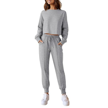 ZESICA Women's Long Sleeve Crop Top and Pants Pajama Sets 2 Piece Jogger Long Sleepwear Loungewear Pjs Sets,Grey,Small