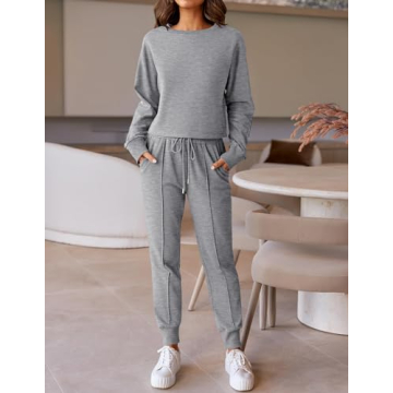 ZESICA Women's Long Sleeve Crop Top and Pants Pajama Sets 2 Piece Jogger Long Sleepwear Loungewear Pjs Sets,Grey,Small