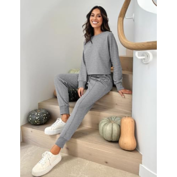 ZESICA Women's Long Sleeve Crop Top and Pants Pajama Sets 2 Piece Jogger Long Sleepwear Loungewear Pjs Sets,Grey,Small